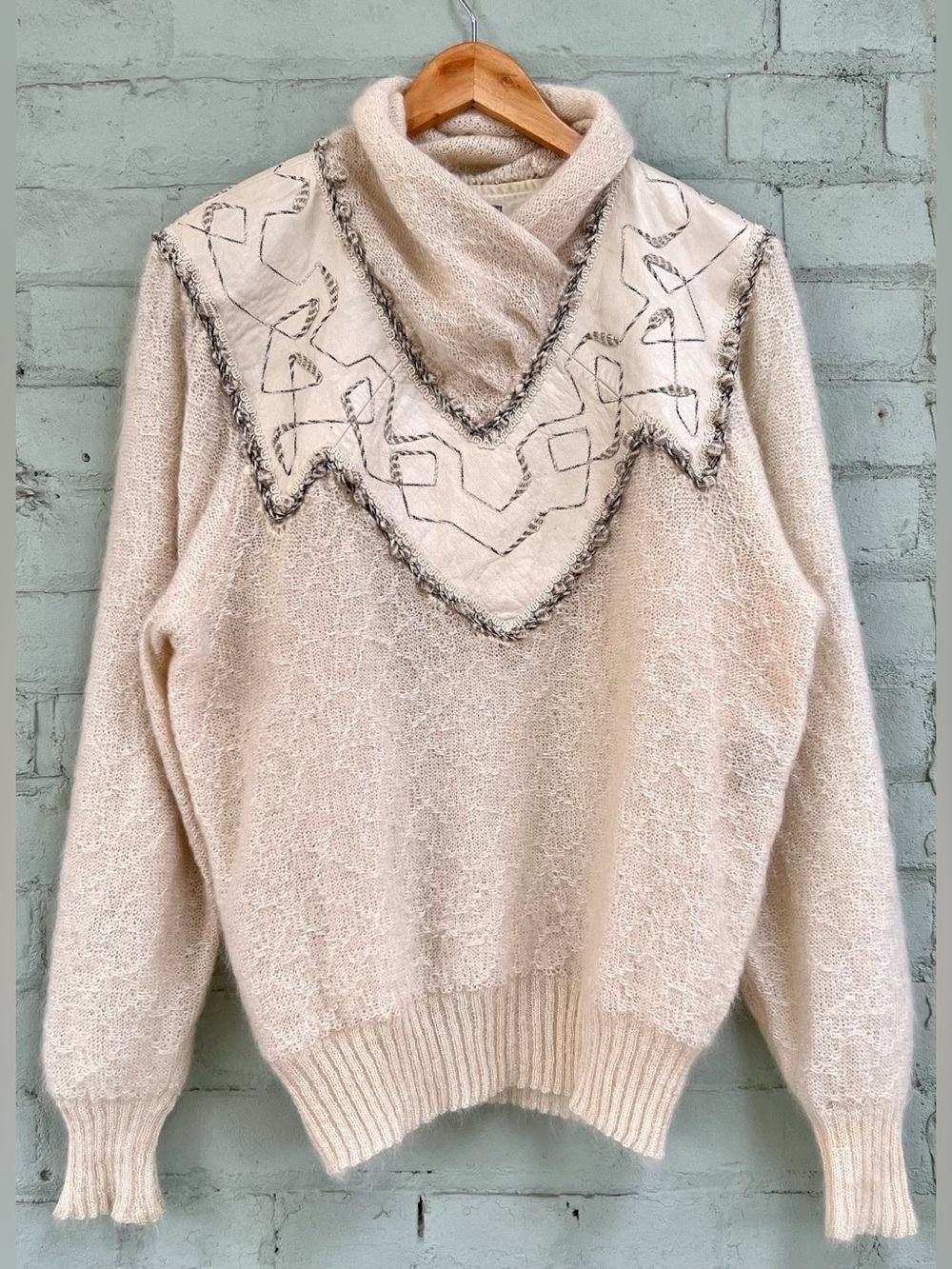 Vintage Cream Cowl-Neck Sweater with Embroidered Leather Yoke